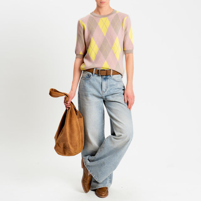 Tensione in-Maglia argyle manica corta viscosa soft - sabbia/rosa/giallo