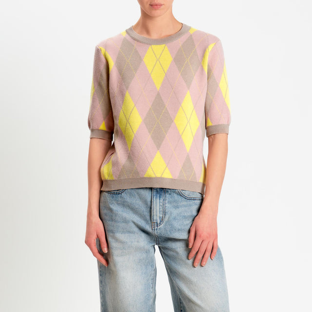 Tensione in-Maglia argyle manica corta viscosa soft - sabbia/rosa/giallo