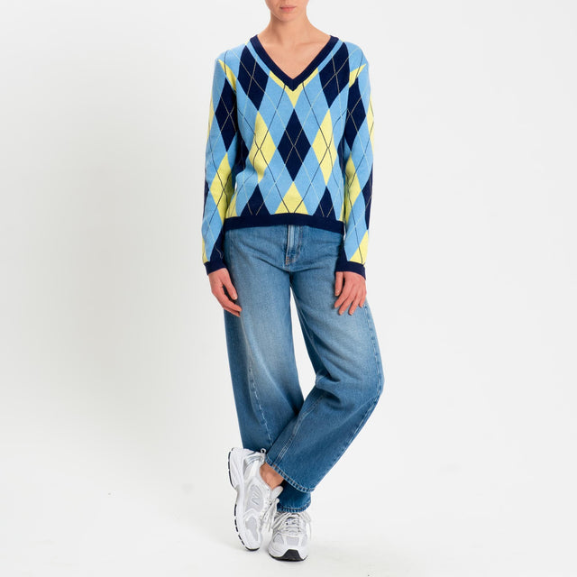 Tensione in-Maglia argyle scollo a v viscosa soft - blu/azzurro/giallo
