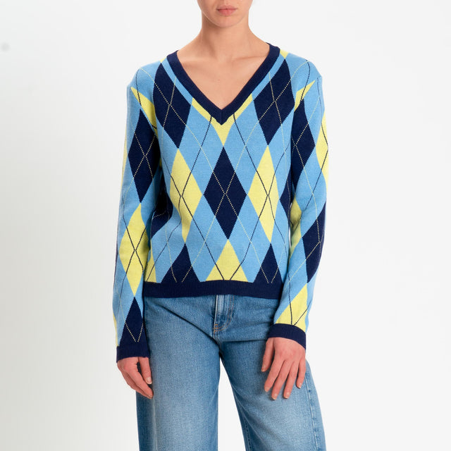 Tensione in-Maglia argyle scollo a v viscosa soft - blu/azzurro/giallo