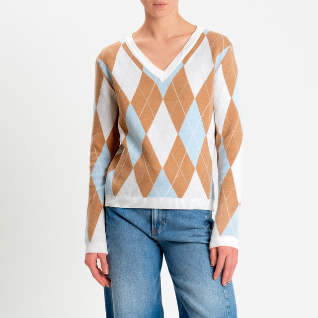 Tensione in-Maglia argyle scollo a v viscosa soft - burro/camel/celeste