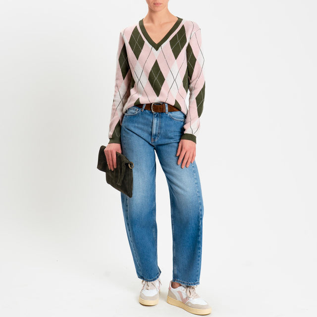 Tensione in-Maglia argyle scollo a v viscosa soft - militare/rosa/burro