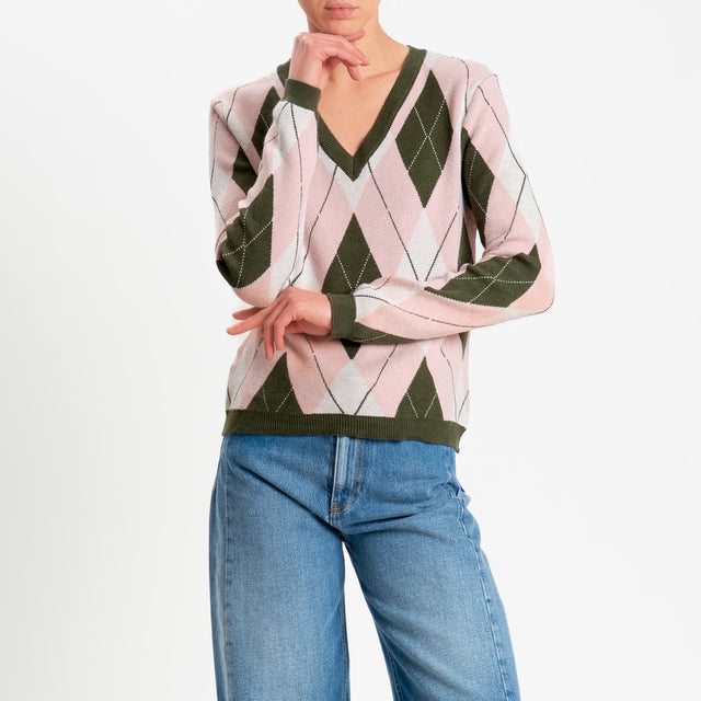 Tensione in-Maglia argyle scollo a v viscosa soft - militare/rosa/burro