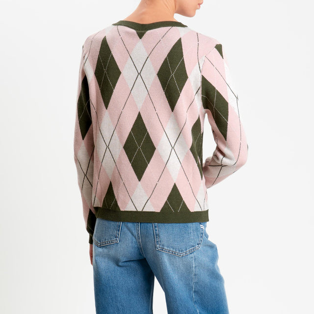 Tensione in-Maglia argyle scollo a v viscosa soft - militare/rosa/burro