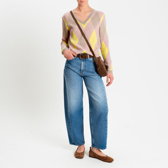 Tensione in-Maglia argyle scollo a v viscosa soft - sabbia/rosa/giallo