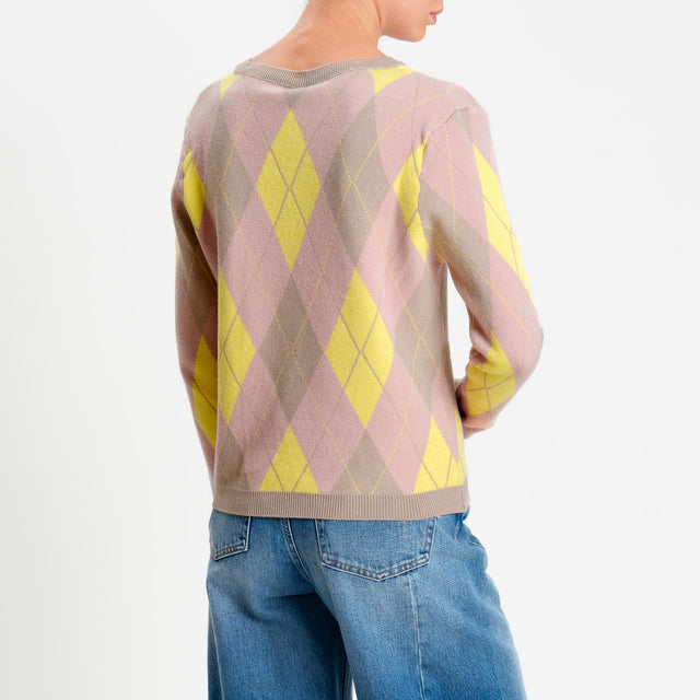 Tensione in-Maglia argyle scollo a v viscosa soft - sabbia/rosa/giallo