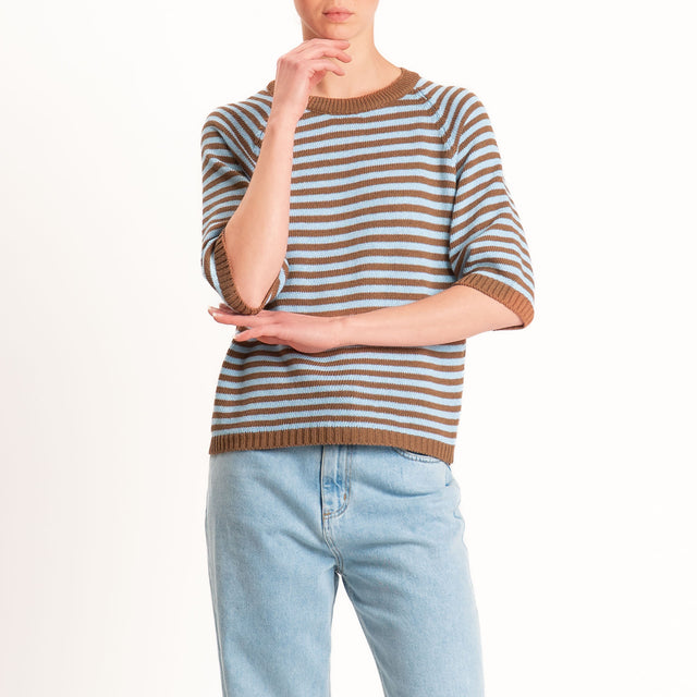 Tensione in-Maglia a righe manica 3/4 - cuoio/celeste