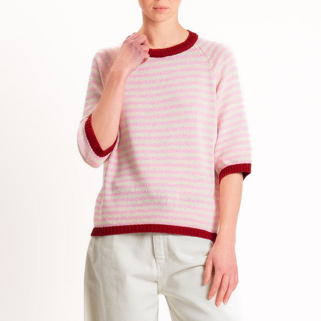 Tensione in-Maglia a righe manica 3/4 - rubino/latte/rosa