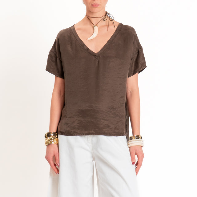 Tensione in-Blusa scollo v in cupro - choco