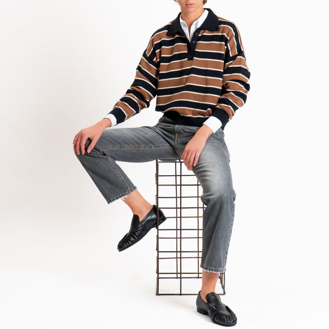 Tensione in-maglia polo a righe - nero/sand/tabacco