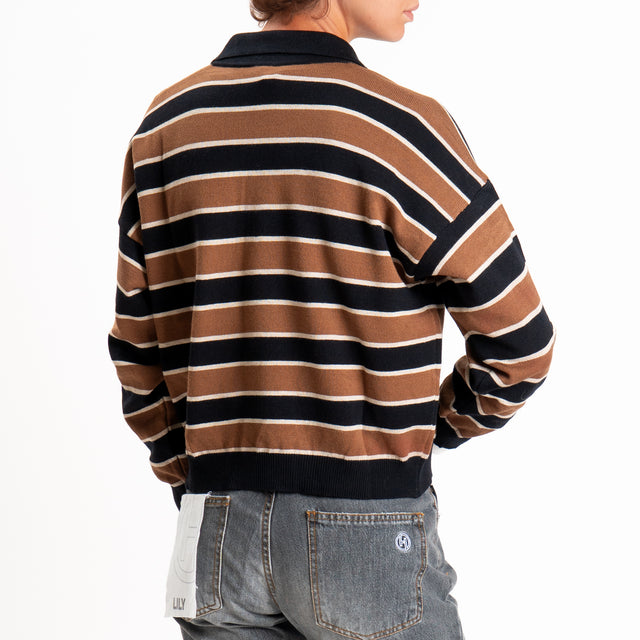 Tensione in-maglia polo a righe - nero/sand/tabacco