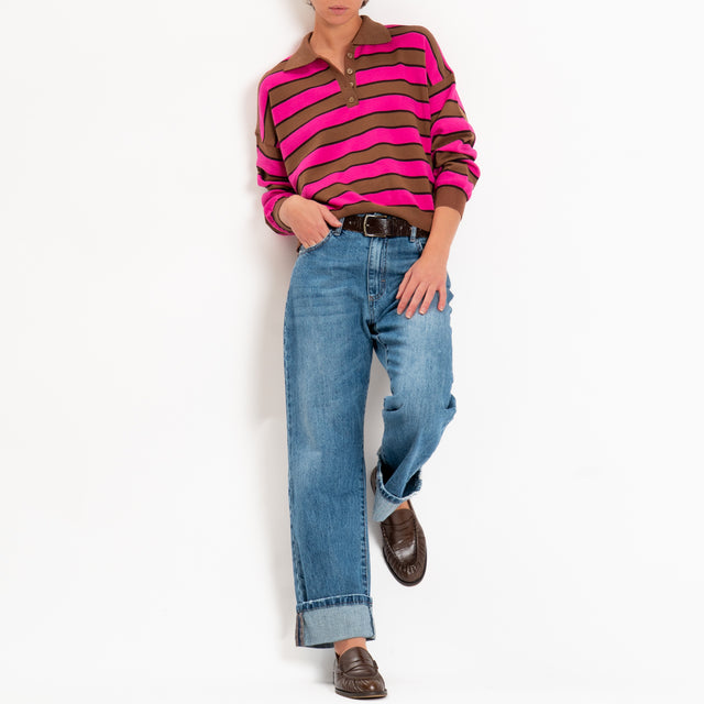 Tensione in-maglia polo a righe - tabacco/moro/fucsia