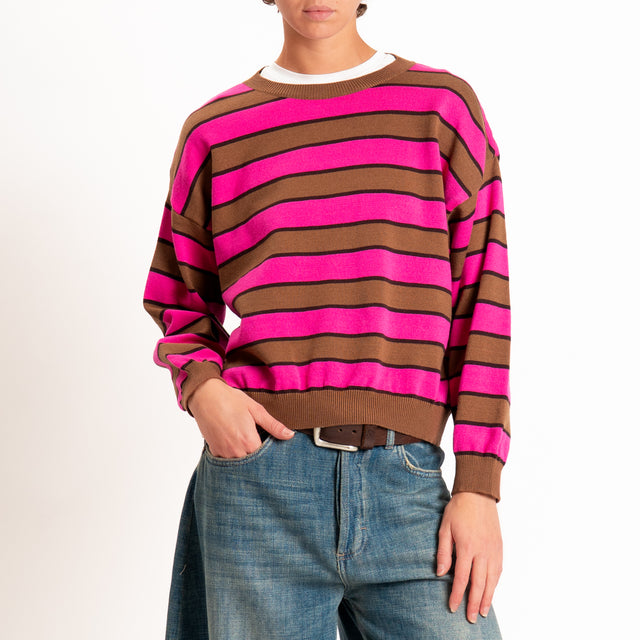 Tensione in-Maglia girocollo a righe - tabacco/moro/fucsia