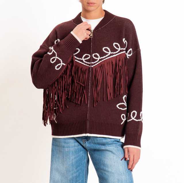 Tensione in-Bomber in maglia con frange - bordeaux/burro