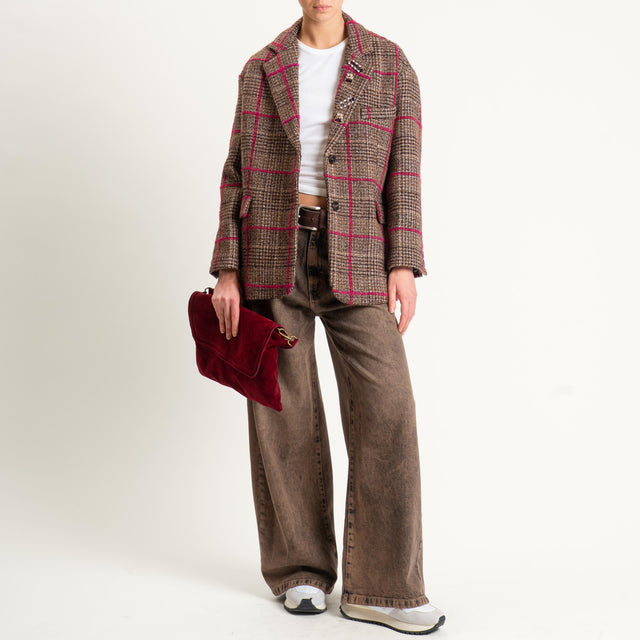 Tensione in-Giacca check misto lana con spille - cioccolato/fucsia