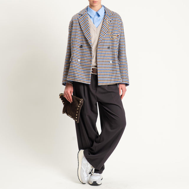 Tensione in- Giacca doppiopetto quadri misto lana - beige/royal/moro