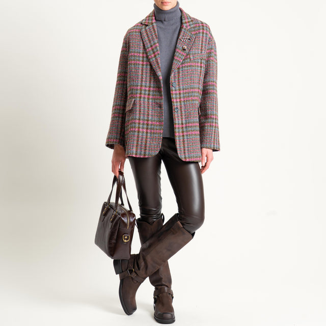 Tensione in-Giacca quadri misto lana spacchi laterali - grigio/fucsia