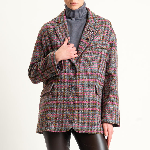 Tensione in-Giacca quadri misto lana spacchi laterali - grigio/fucsia