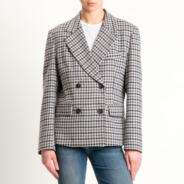 Tensione in-Giacca quadri doppiopetto misto lana - latte/moro/grigio