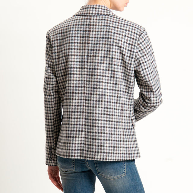 Tensione in-Giacca quadri doppiopetto misto lana - latte/moro/grigio