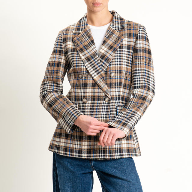 Tensione in-Giacca check doppiopetto misto lana - beige/cuoio/nero