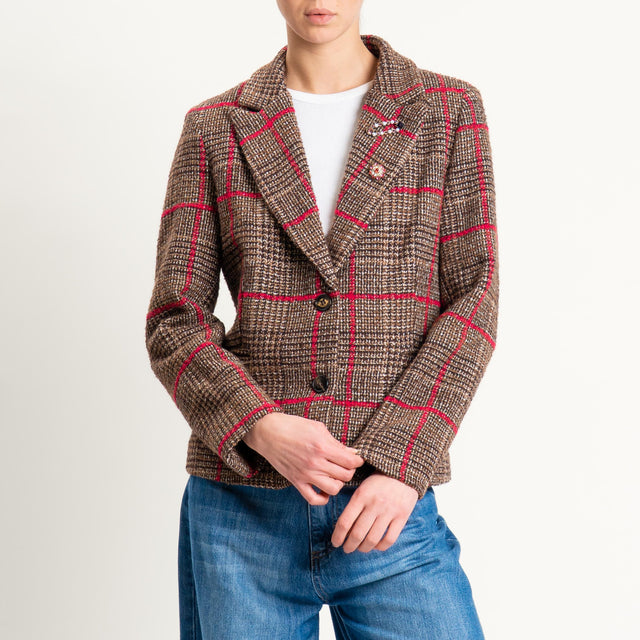 Tensione in-Giacca quadri misto lana con spille - moro/fucsia