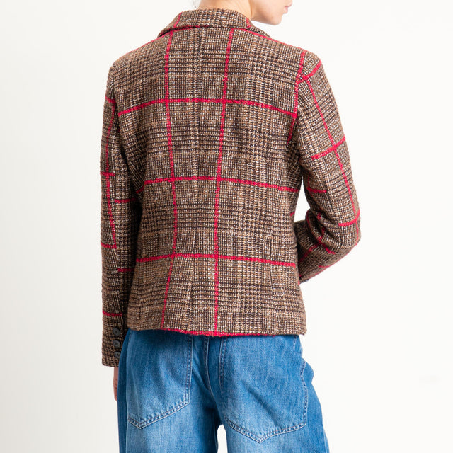 Tensione in-Giacca quadri misto lana con spille - moro/fucsia