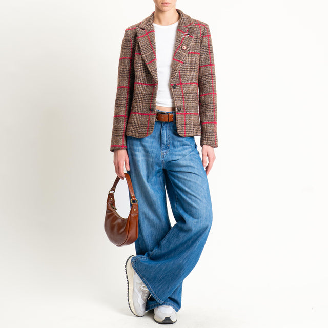 Tensione in-Giacca quadri misto lana con spille - moro/fucsia