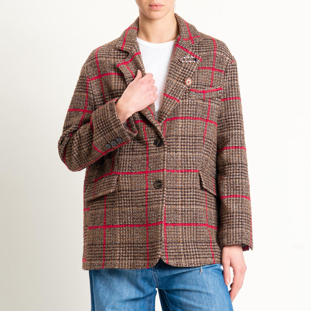 Tensione in-Giacca quadri misto lana spacchi laterali - moro/fucsia