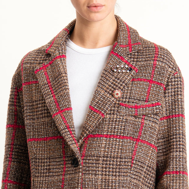 Tensione in-Giacca quadri misto lana spacchi laterali - moro/fucsia