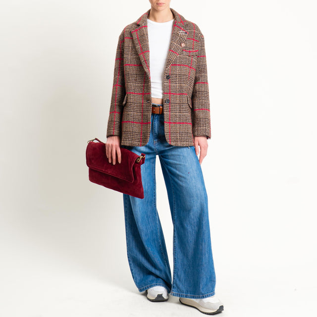 Tensione in-Giacca quadri misto lana spacchi laterali - moro/fucsia