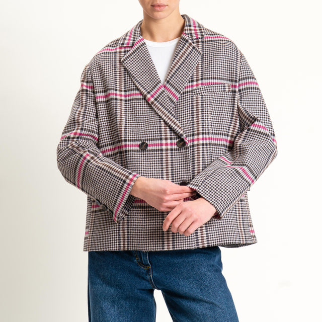 Tensione in-Giacca check doppiopetto misto lana - rosa/nero/fucsia