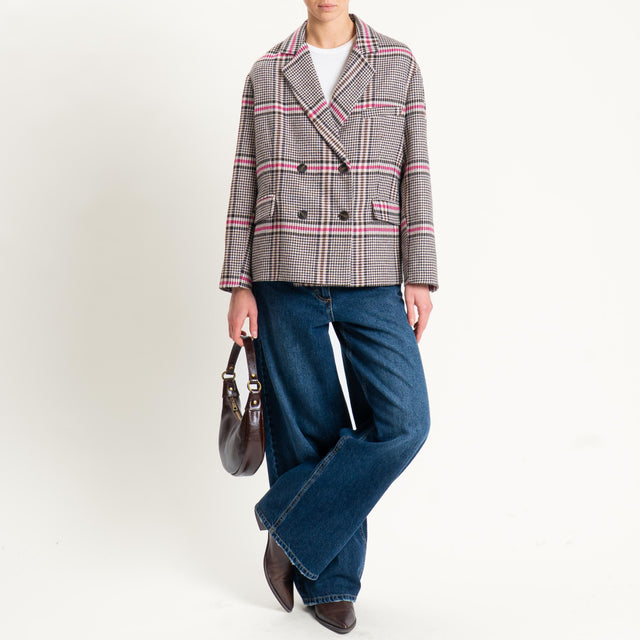 Tensione in-Giacca check doppiopetto misto lana - rosa/nero/fucsia