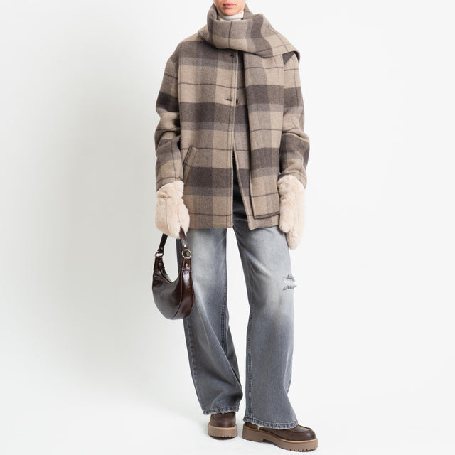 Tensione in-Cappotto check misto lana con sciarpa - moro/taupe/burro