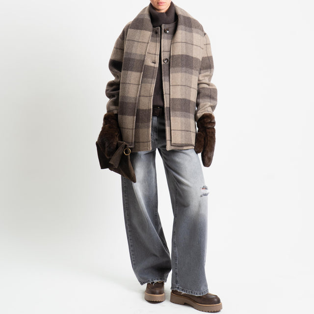 Tensione in-Cappotto check misto lana con sciarpa - moro/taupe/moro