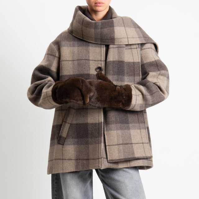 Tensione in-Cappotto check misto lana con sciarpa - moro/taupe/moro