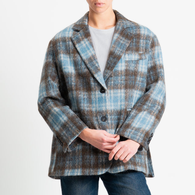 Tensione in-Giacca check misto alpaca spacchi laterali - celeste/moro