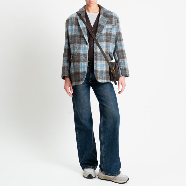 Tensione in-Giacca check misto alpaca spacchi laterali - celeste/moro