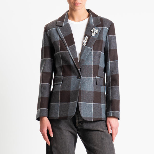 Tensione in-Giacca quadri misto lana spilla gioiello - moro/grigio