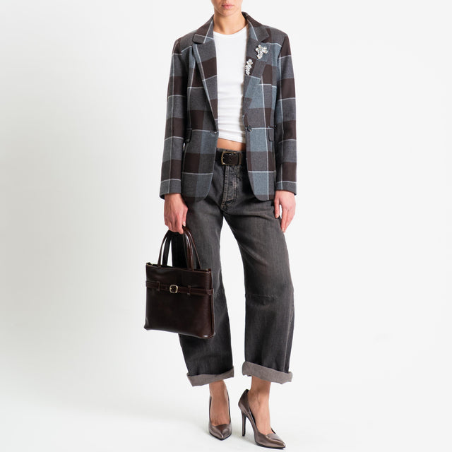 Tensione in-Giacca quadri misto lana spilla gioiello - moro/grigio