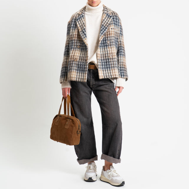 Tensione in-Giacca quadri doppiopetto misto alpaca - panna/beige/nero