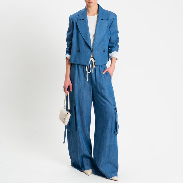 Tensione in-Giacca crop doppiopetto chambray - light denim