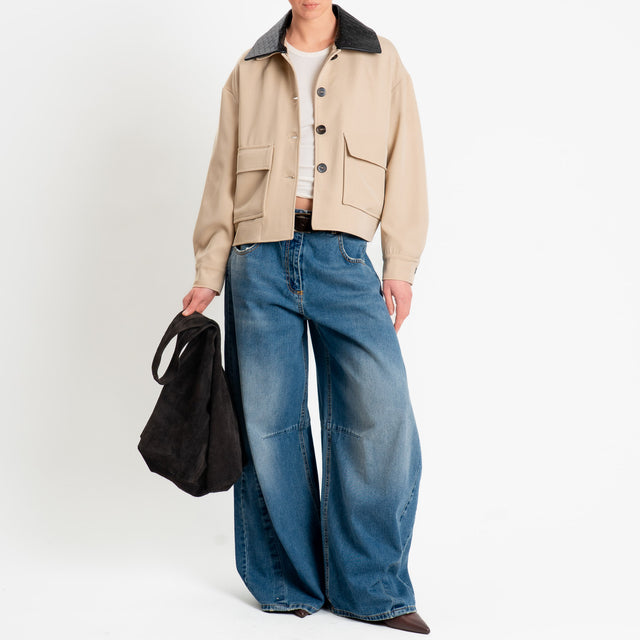 Tensione in-Giacca tessuto fluido collo removibile in similpelle - sabbia/nero