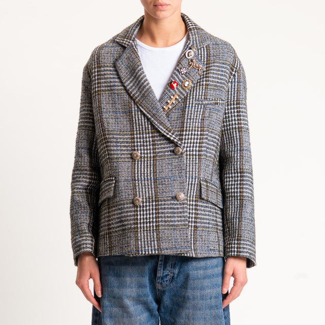 Tensione in-Giacca principe di galles misto alpaca - latte/cuoio/militare