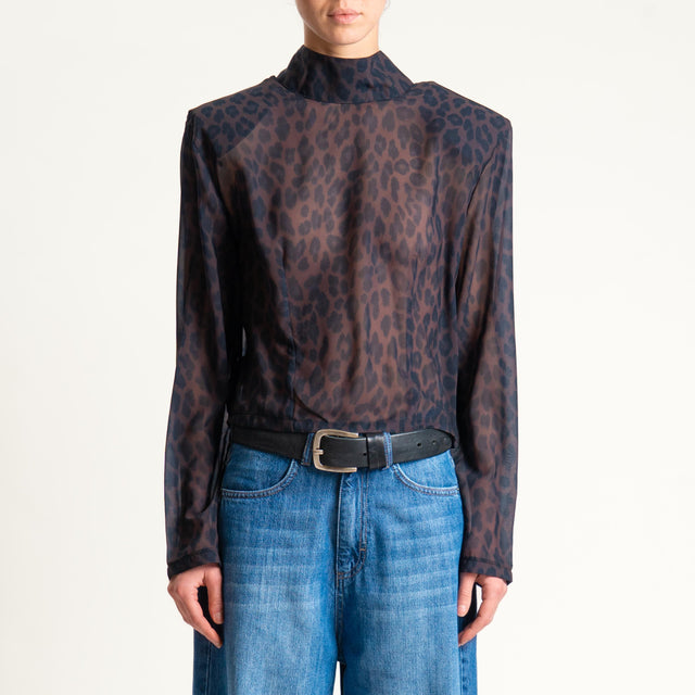 Tensione in- Blusa georgette animalier con spalline - moro/nero