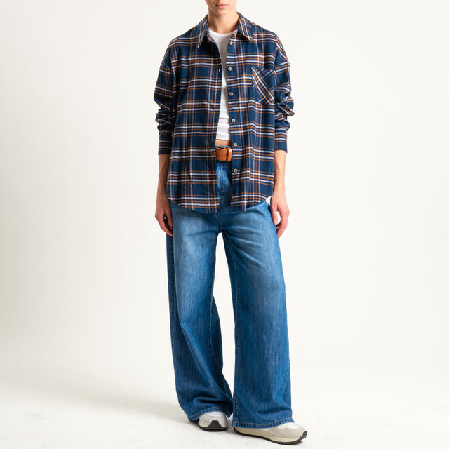 Tensione in-Camicia check flanella con collana - blu/cuoio/latte