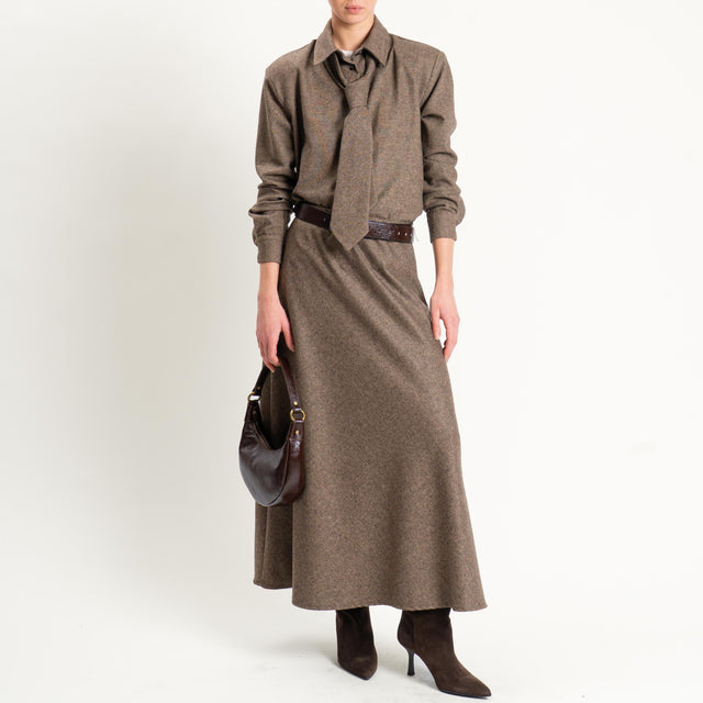 Tensione in-Camicia misto lana melange con cravatta - tabacco