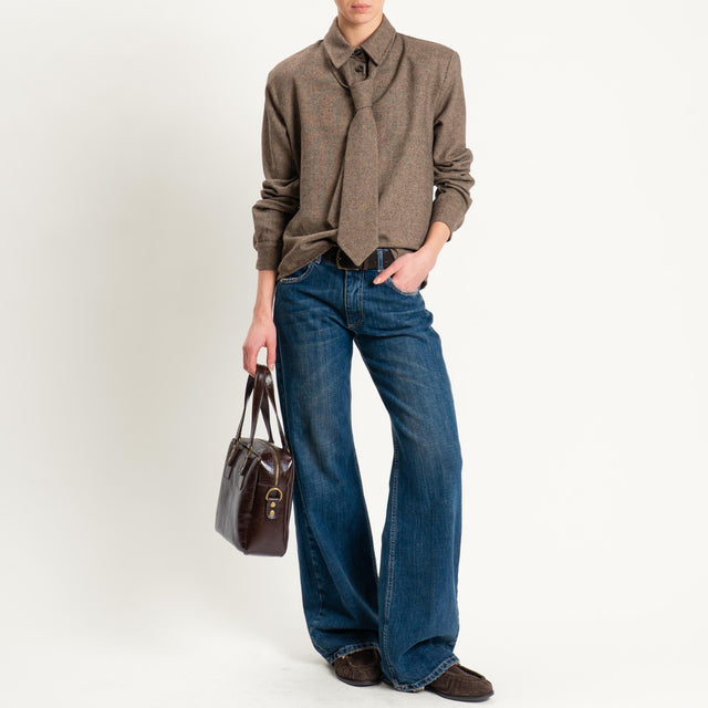 Tensione in-Camicia misto lana melange con cravatta - tabacco