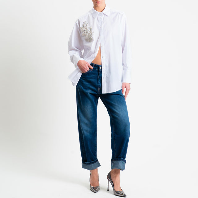 Tensione in-Camicia cotone elasticizzato con applicazione - bianco