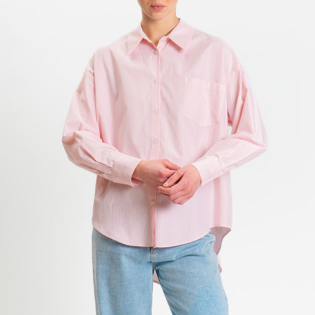 Tensione in-Camicia over con taschino in cotone - righe fine rosa/bianco